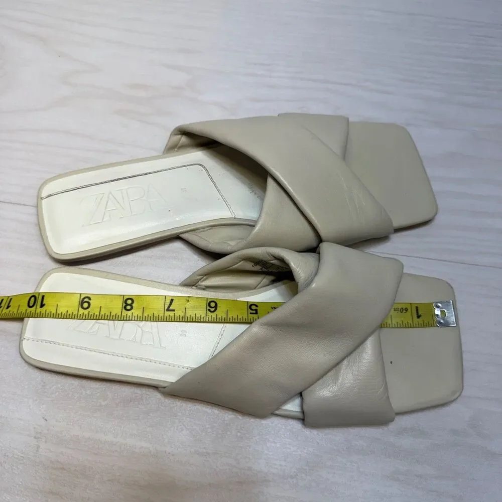 Zara Womens Size 39‎ 8 Cream Color leather Day Cross Flat Sandals - Picture 10 of 10